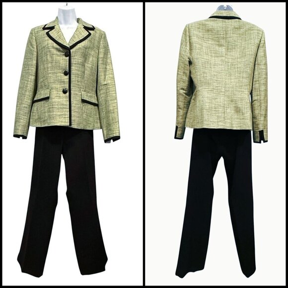 Jones New York Pant Suit Sage Green Black Trim Career Classic Office Womens 10 - Picture 1 of 14